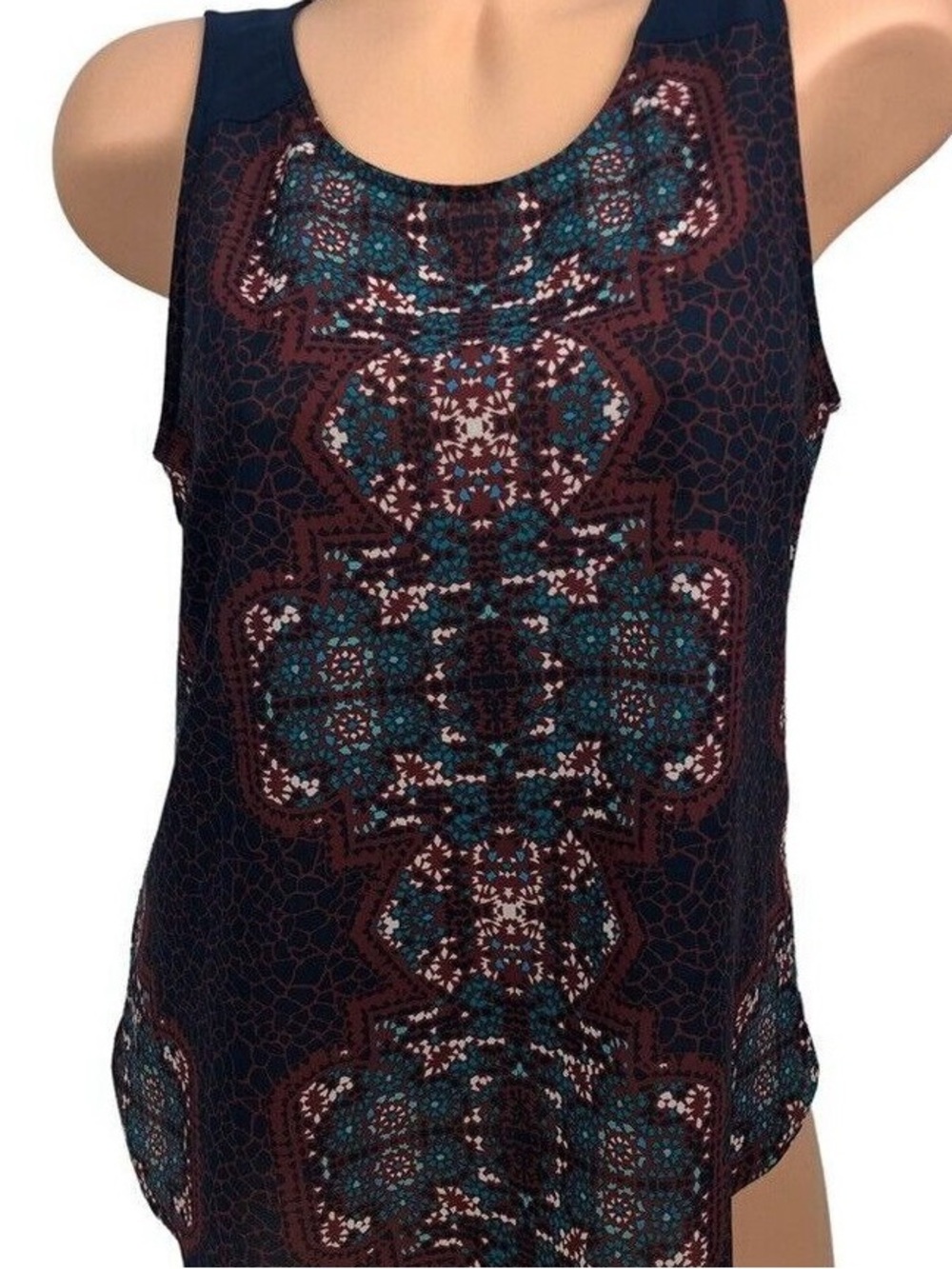 Sleeveless Printed Tank Top - Navy with Teal & Burgundy Motif